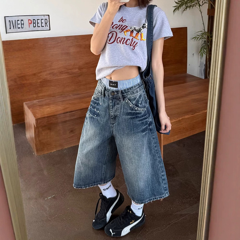 American-Style Lightning Pattern Washed Denim Cropped Pants for Women, 2026 Summer New High-Waisted Straight Wide-Leg Shorts American-Style Lightning Pattern Washed Denim Cropped Pants for Women, 2026 Summer New High-Waisted Straight Wide-Leg Shorts