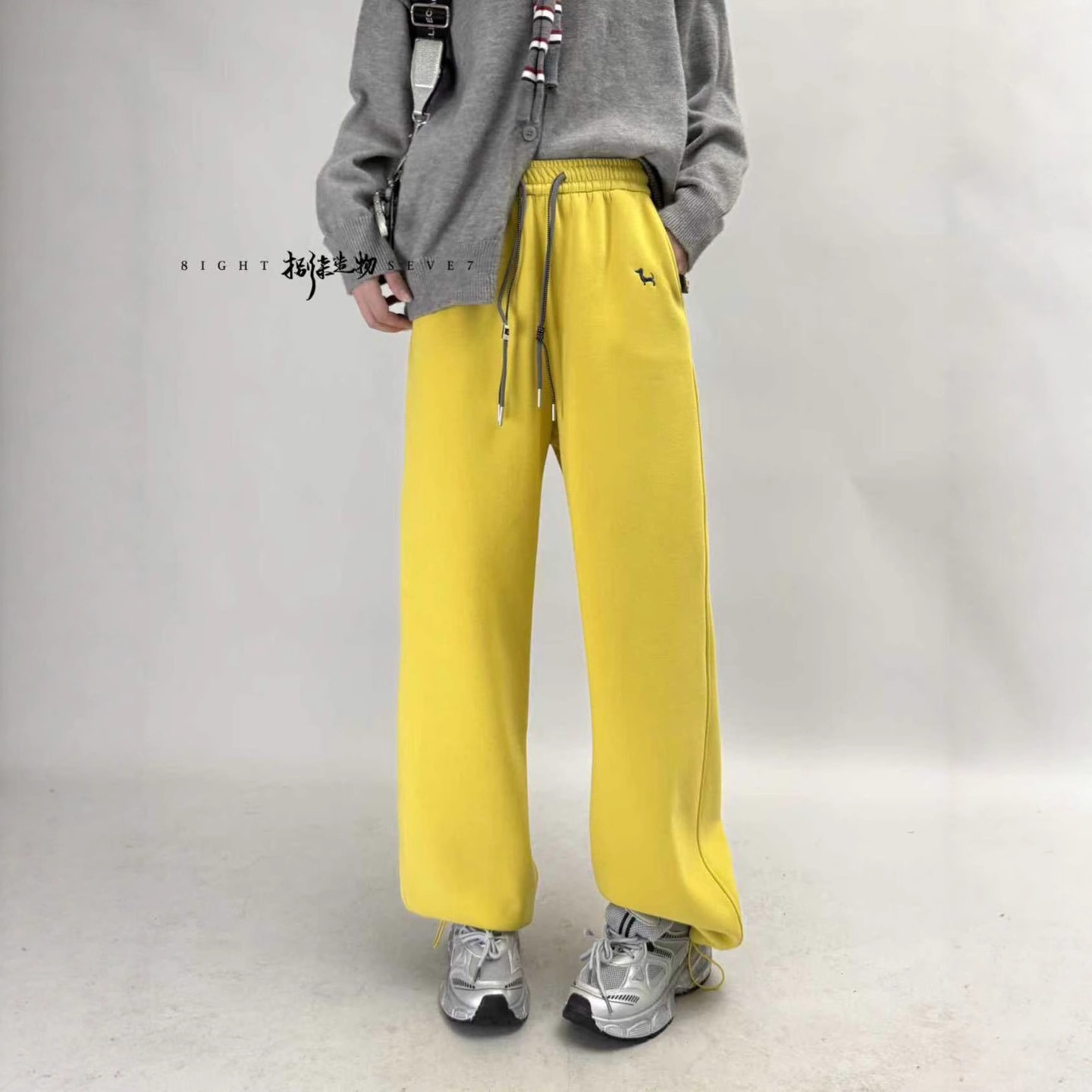 秋冬新款韩版休闲时尚简约卡通刺绣加绒加厚两穿卫裤休闲裤女1233