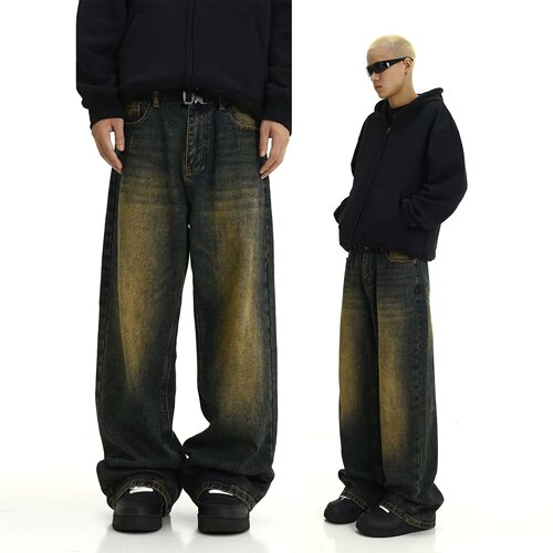 Vintage, washed jeans, men's, American high street, yellow mud dyed, mop mop daddy pants, street loose straight pants