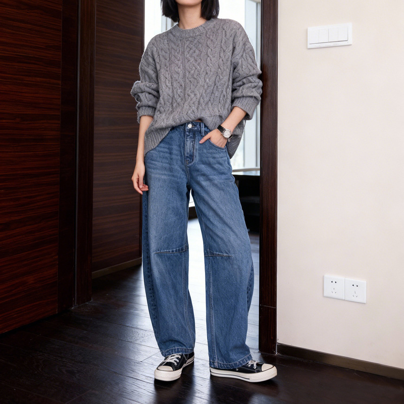 Vintage Washed Wide-Leg Jeans for Women, High-Waisted, Slimming, Loose-Fitting Banana Pants