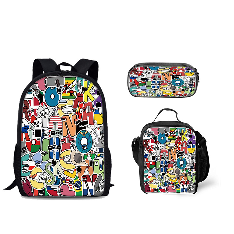Venta al por mayor Alphabet Lore mochila escolar bolsa de hielo letra leyenda estudiante mochila bolsa de comida bolsa de tres piezas