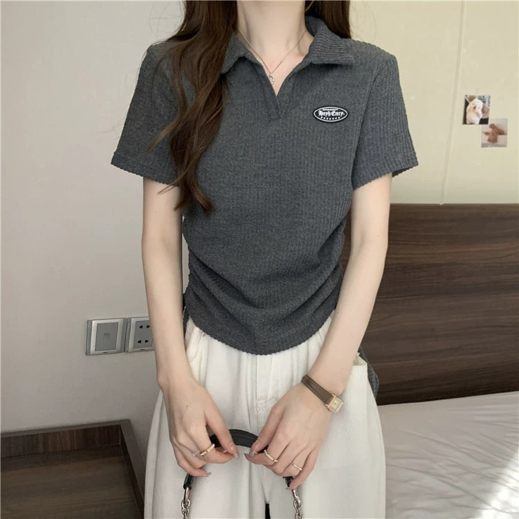 Large size American front shoulder polo neck short sleeved t-shirt for women 2024 new summer chubby mm top design_voghion.com