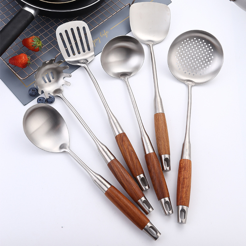 304 stainless steel spatula kitchen cooking utensil pear wood handle soup spoon pot shovel noodle scoop frying spatula rice spoon