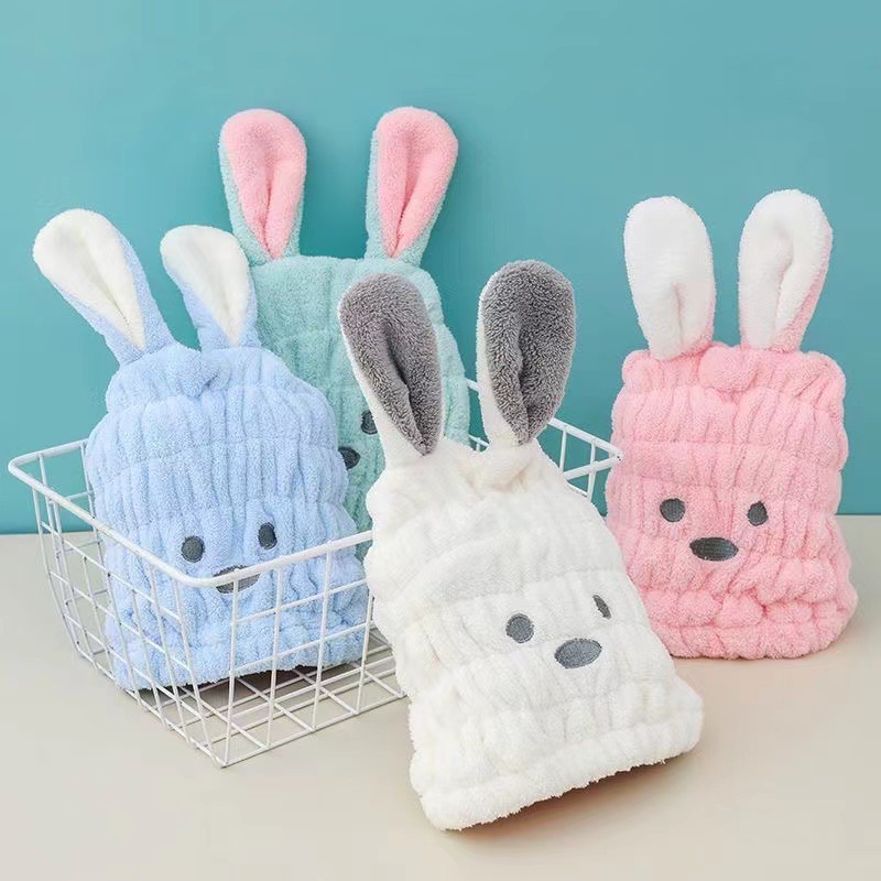 Niños sombrero de cabello seco al por mayor lindo sombrero de baño de conejo de dibujos animados bolsa de coral toallas elásticas para el cabello