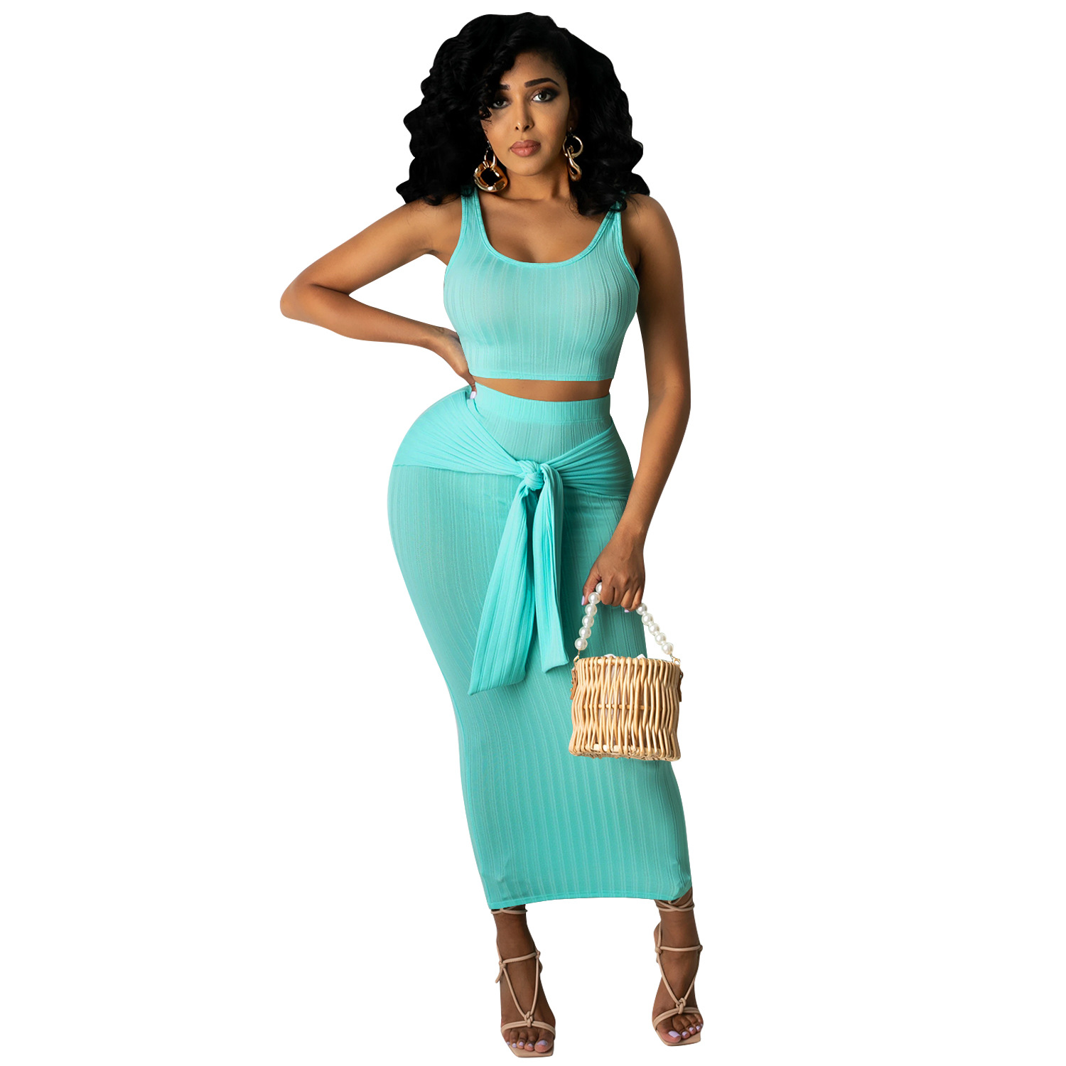 summer solid color vest and tight knotted long skirt two-piece set NSFYZ119089