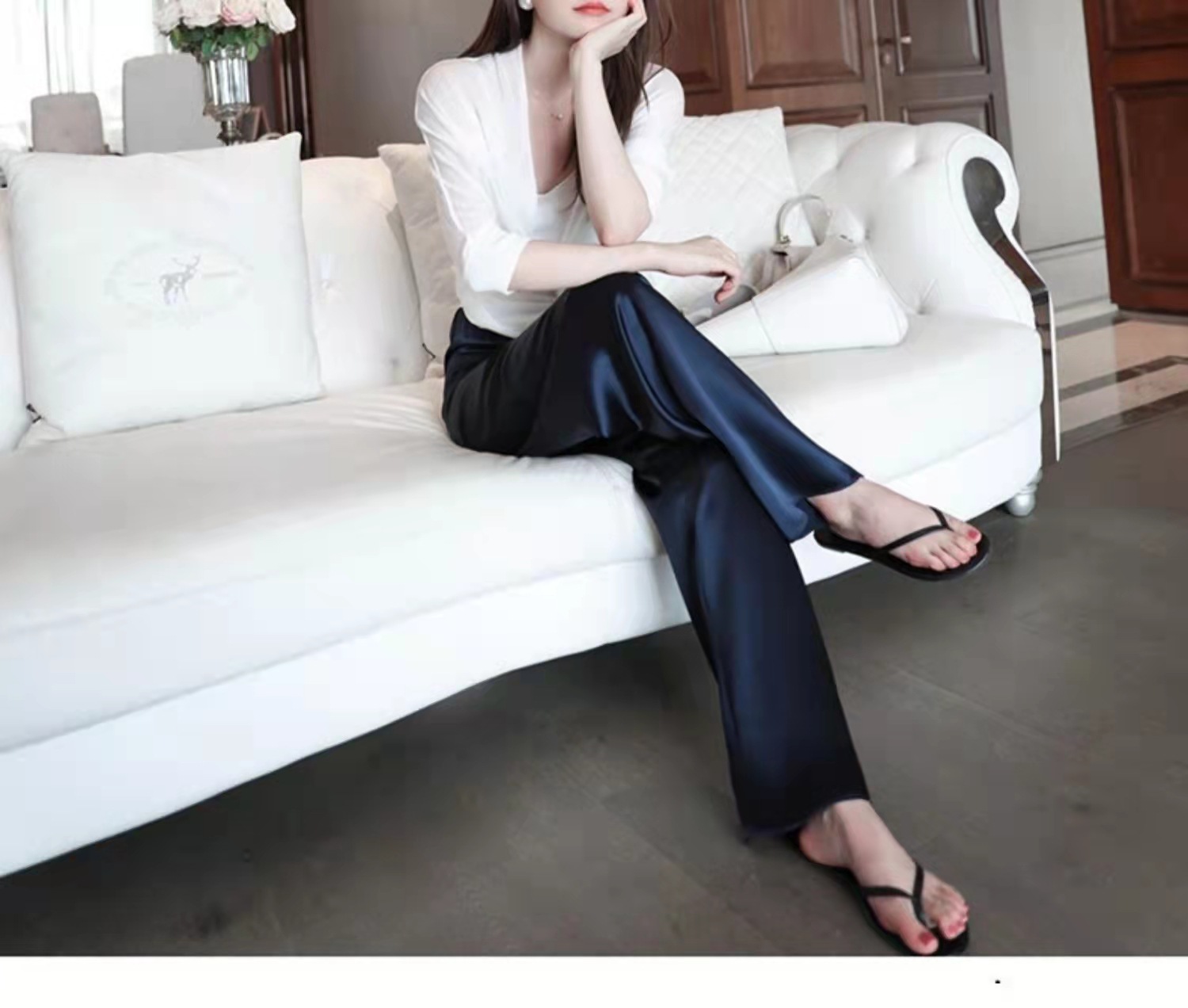 Quần âu nữ ống rộng chất liệu acetate satin cao cấp dáng xòe mùa hè — sâm panh chi tiết 1