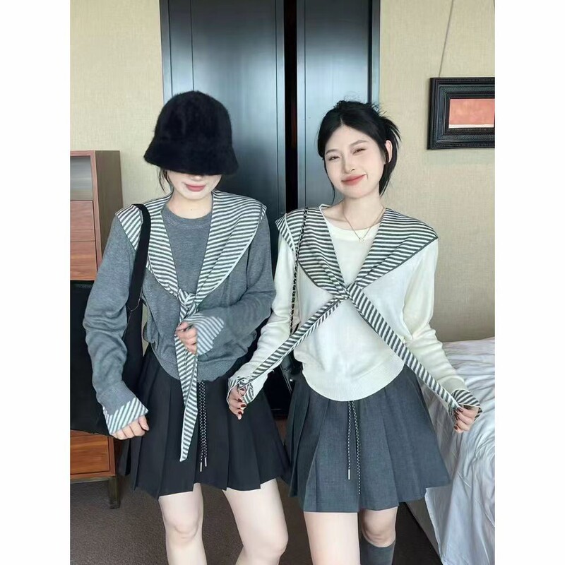 6097【上衣两件套】小李简约针织上衣+连帽披肩-不退换|undefined