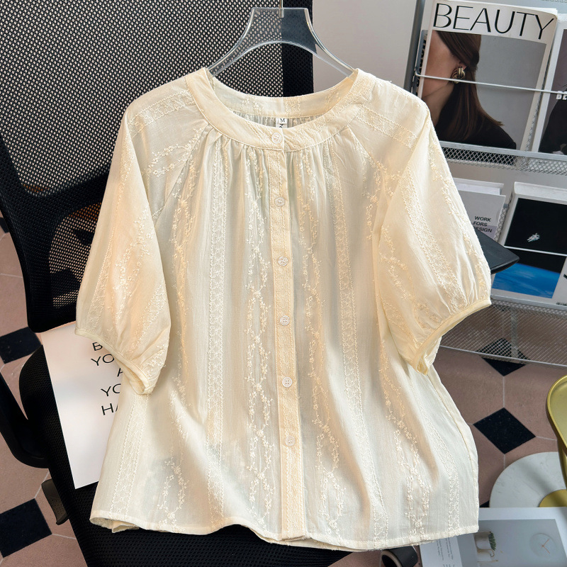 2025买手店清仓捡漏法式复古绣花短袖衬衫女新款显瘦娃娃衫衬衣女