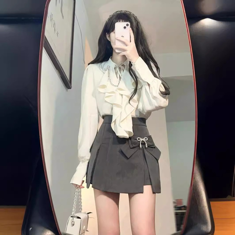 春秋季气质高级感轻熟风御姐港味设计感小众衬衫半身裙两件套装女|undefined