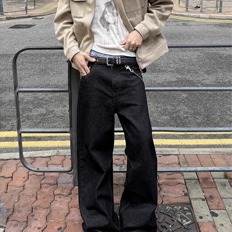 美式vintage马毛冈山弯刀牛仔裤男士春秋baggy设计感直筒微喇裤子|undefined