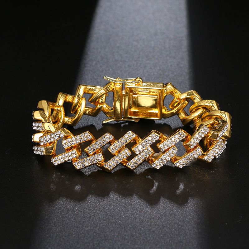 American hip hop Diamond Bracelet Men's exaggerated personality bar Cuban bracelet thick gold chain punk fashion match