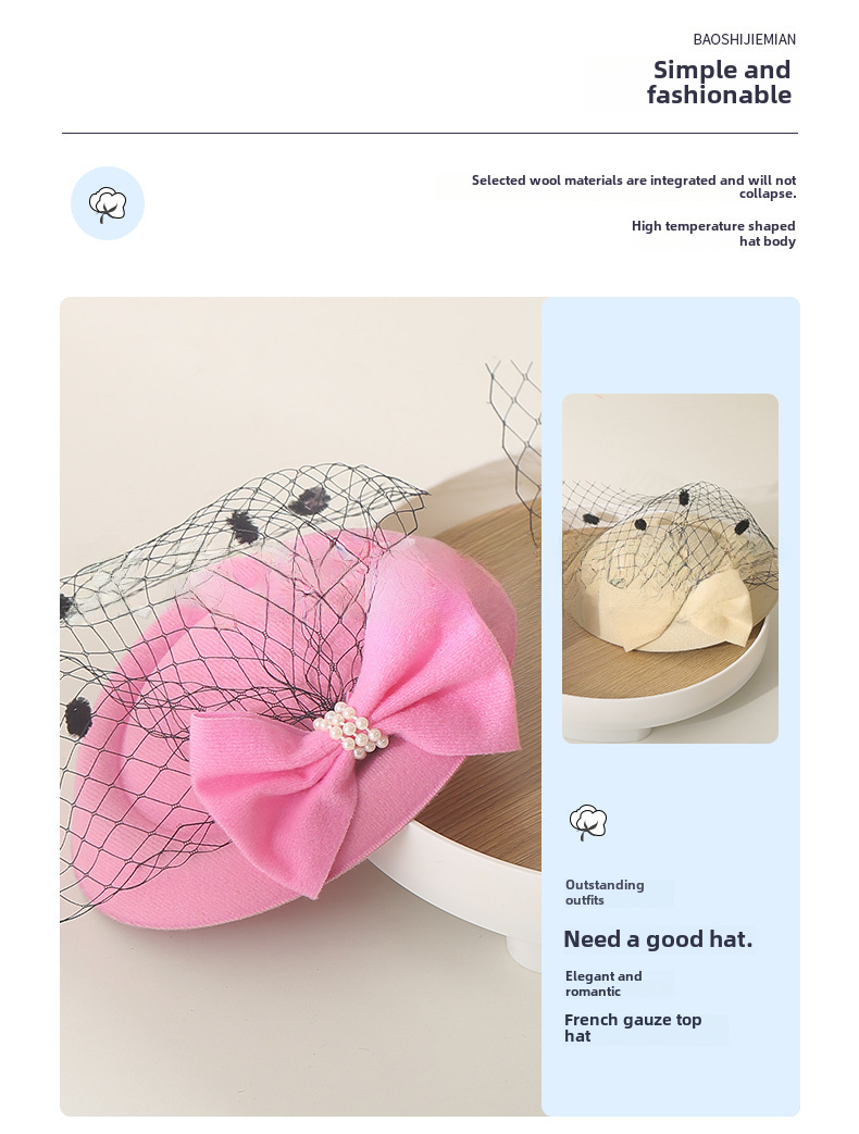 Chapeau d'hôtesse de l'air de style coréen, coiffure en épingle à cheveux, nœud en dentelle, coiffure de mariée, chapeau, épingle à cheveux, voile_voghion.com