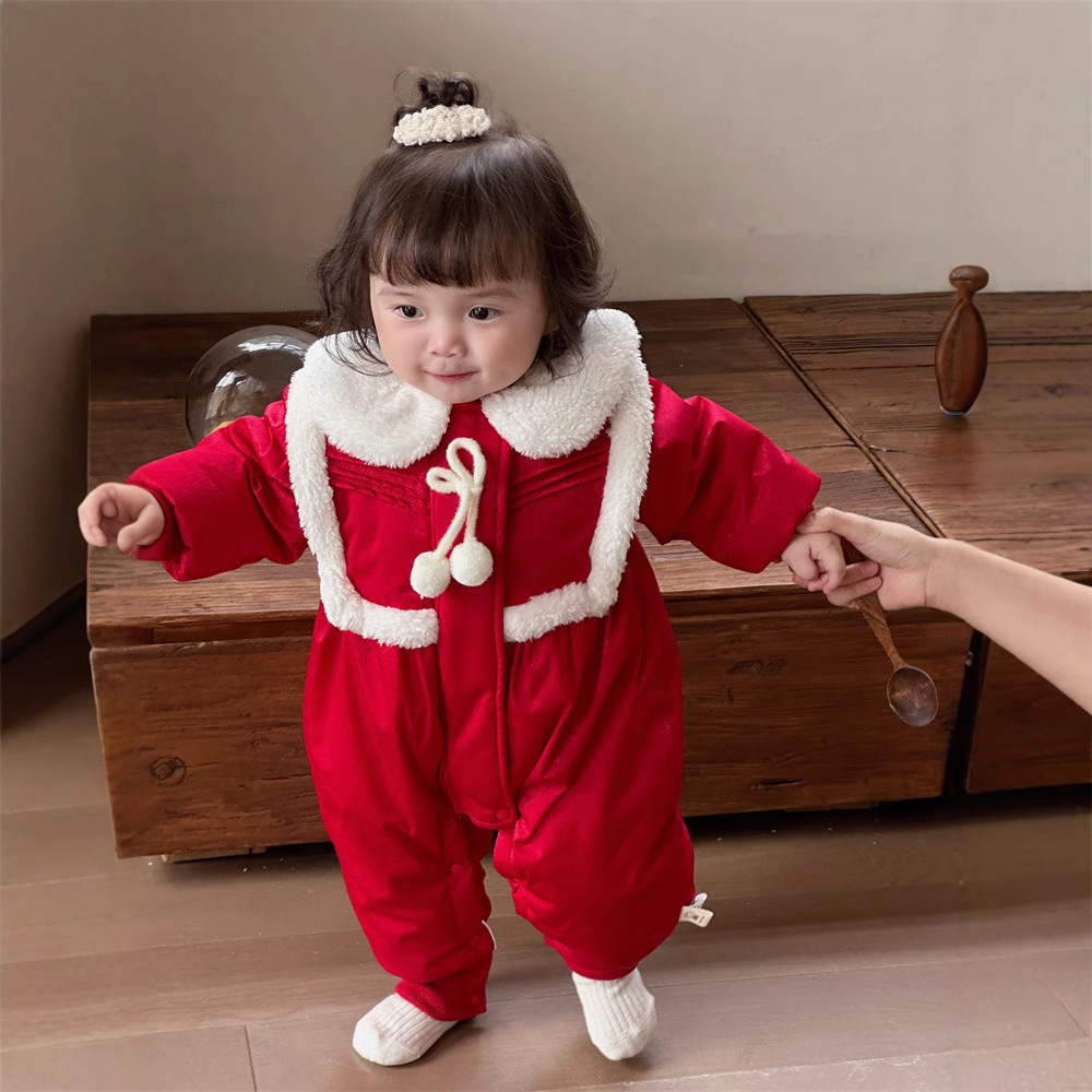 Ropa de invierno para bebé, lindo abrigo de algodón grueso cereza, ropa de año nuevo para bebé, ropa roja de año nuevo, ropa exterior, mono de año nuevo