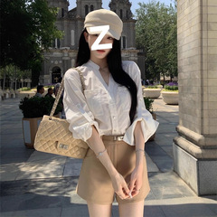 白色口袋衬衫套装女高腰显瘦短裤两件套装2025气质淑女