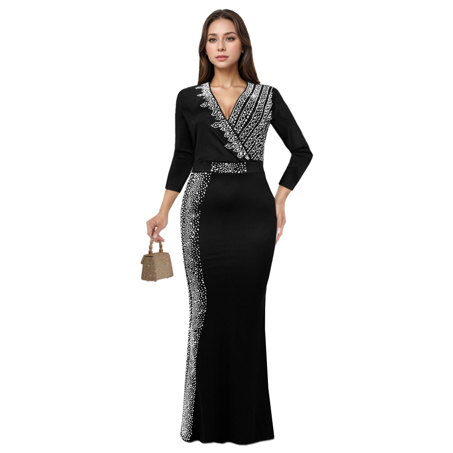 Vestido elegante con pedrería, manga media y cuello en V para mujer, estilo europeo y americano, de moda, para AliExpress y Amazon, modelo C7290 transfronterizo.