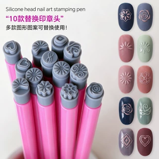 跨境新款美甲硅胶印章笔套装可替换硅胶头彩绘图案美甲工具印花笔