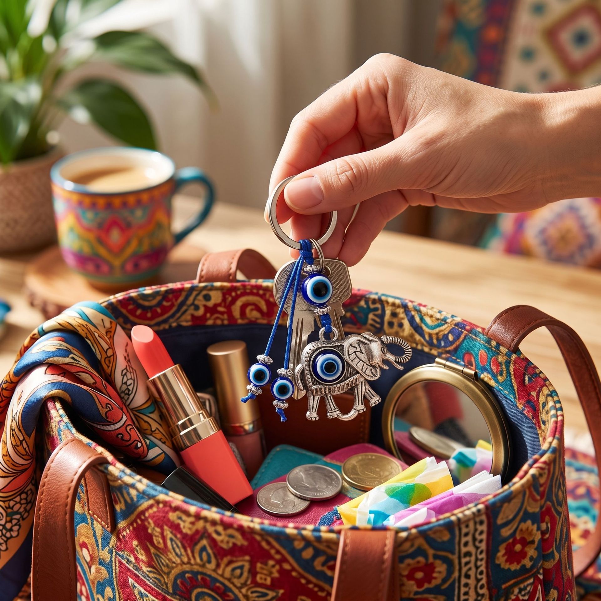 Aleación de viento nacional retro elefante ojo del diablo llavero ojos azules bolsos accesorios colgantes de automóviles