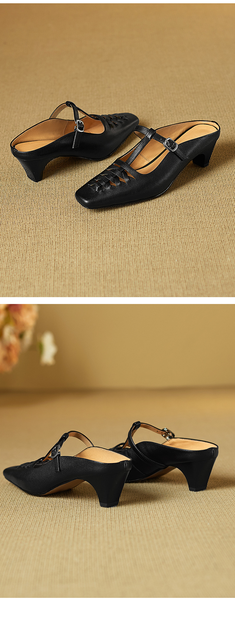 Sandal nữ gót thô 5 cm mũi vuông kiểu dệt vintage, quai chữ T bọc đầu — đen chi tiết 11
