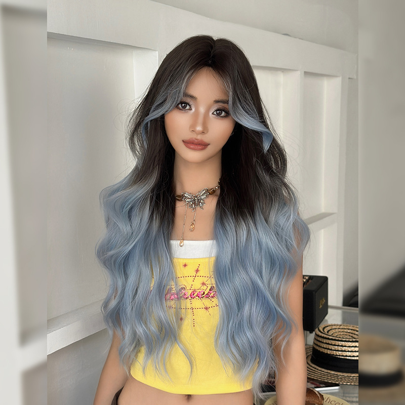 Cross-Border New Product: Women's Long Curly Hair Wig, Sea Salt Blue Gradient Full Head Wig, Internet Celebrity Synthetic Fiber Realistic Wig, Curly Hair Cross-Border New Product: Women's Long Curly Hair Wig, Sea Salt Blue Gradient Full Head Wig, Internet Celebrity Synthetic Fiber Realistic Wig, Curly Hair