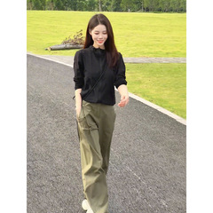 美式复古高腰显瘦工装裤女2025春秋新款设计感褶皱宽松卫衣两件套