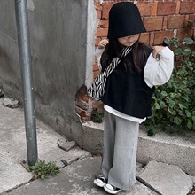 韩国童装2024春秋女童洋气马甲百搭白色T恤阔腿裤三件套儿童套装