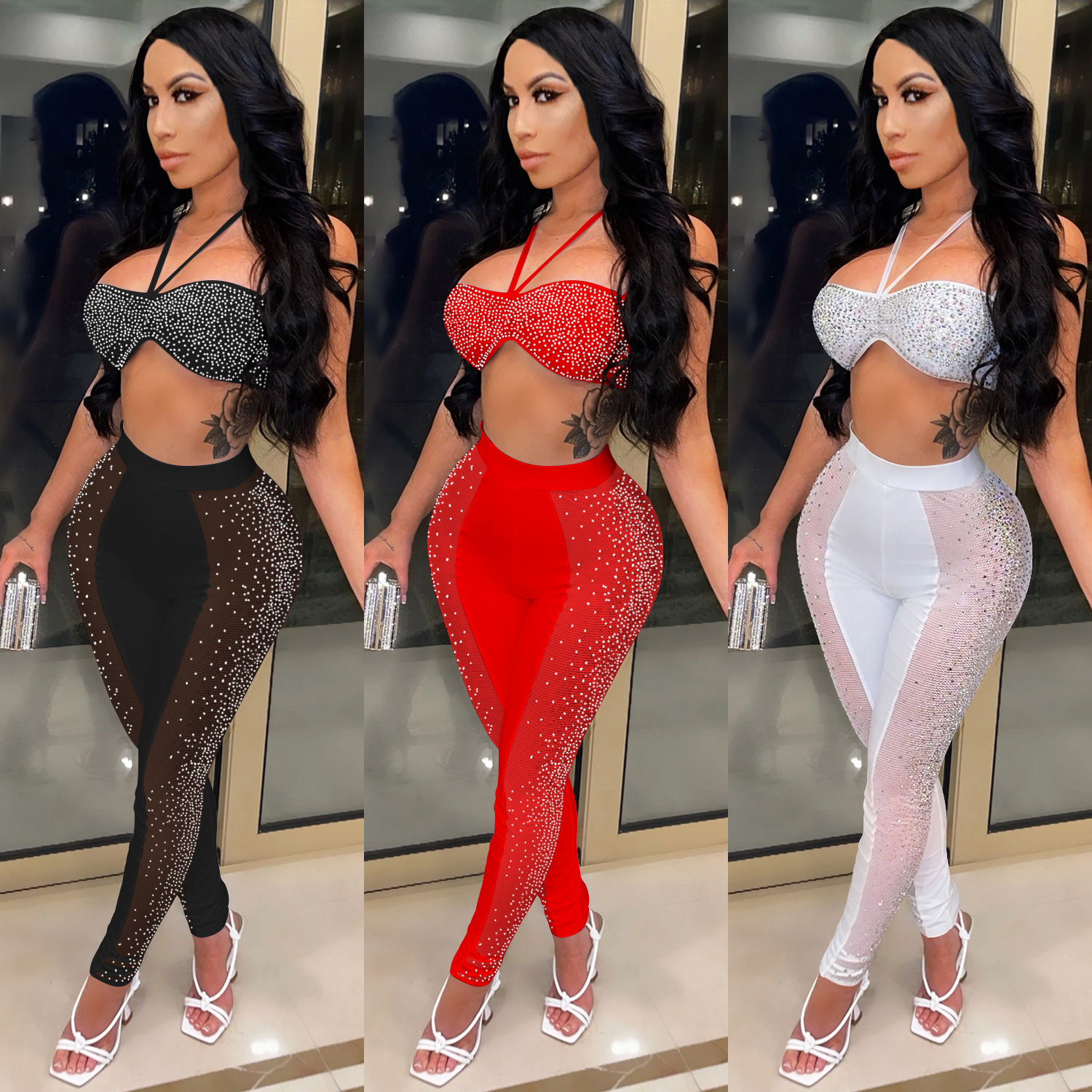 C5677 europea y americana nueva moda sexy tubo superior sin espalda pantalones cortos de malla ver-a través de dos piezas ropa de mujer