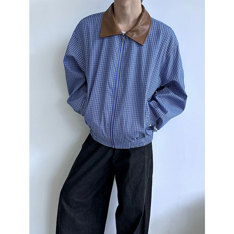 2024 весна и осень новый ретро свободный цвет контрастный кожаный воротник клетчатый пиджак мужской дикий пиджак