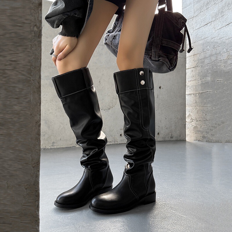 Fashionable Versatile Round-Toe Flat Thick-Heeled Long Boots for Women, Autumn/Winter 2025 New Style, Solid Color, Slimming, Stacked Riding Boots