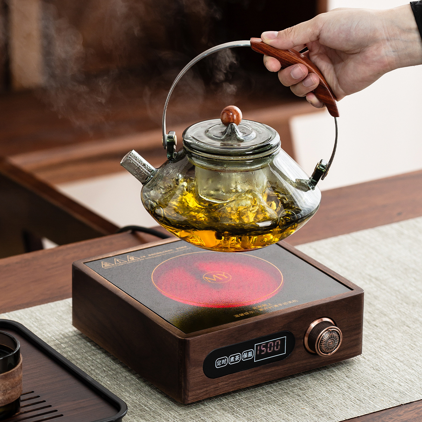 New electric ceramic tea kettle, household glass health kettle, small walnut wood tea maker for tea brewing