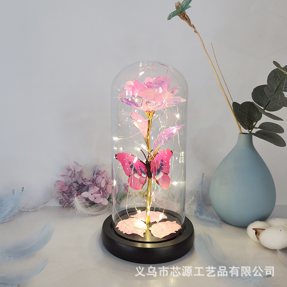 Lámpara de oro, flor de rosa, pantalla de vidrio, día de la madre, Navidad, día de San Valentín, regalo de cumpleaños, decoración de novia, simulación transfronteriza