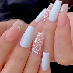 Minimalist Ins-style pure desire white heart nail art with medium-long ballet nails, flat tips, detachable fake nails.