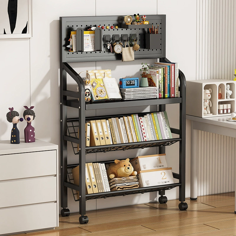 Книжная полка, напольная стойка для хранения, мобильная многослойная тележка на колесиках для домашнего хранения детских закусок, простой железный книжный шкаф