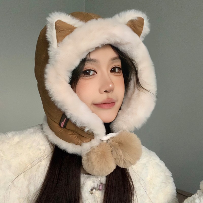 Cute Fox Plush Winter Hat For Women Windproof Fleece Warm Ear Flap_voghion.com