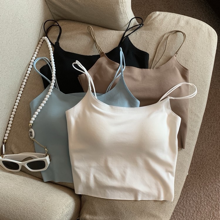 New Style Ice Silk Seamless Double Shoulder Thin Strap Inner Vest Tube Top for Women, Slimming Versatile with Chest Pads, Korean Version with Beautiful Back Small Strap