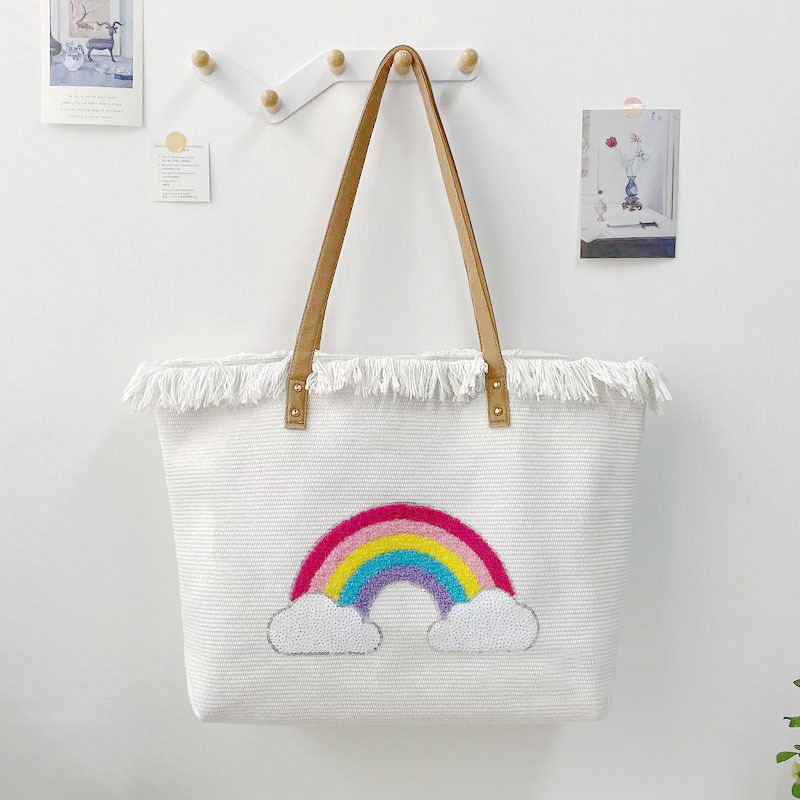 Double Shoulder Straps Strap Type Tote Bag Bags Type Women's Large Canvas Rainbow Elegant Streetwear Square Zipper Tote Bag