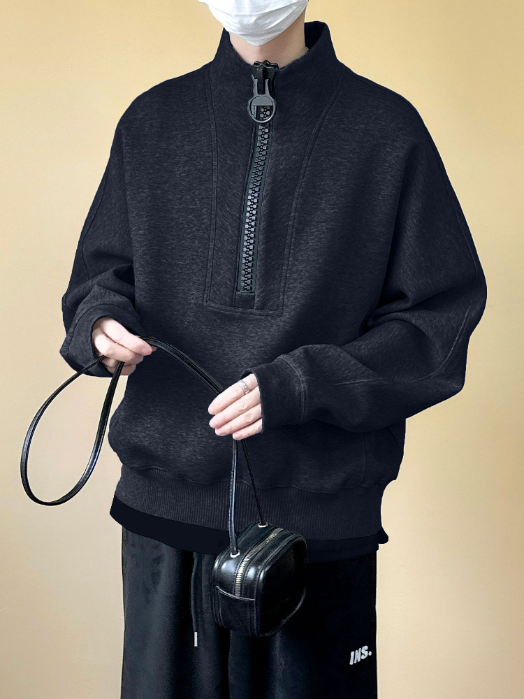 Big Zipper Stand Up Collar Hoodie For Men, Versatile For Winter High Street, Loose Fitting Top, Trendy Brand Casual Couple Jacket_voghion.com