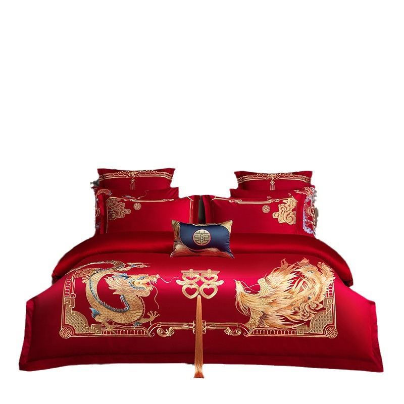 Juego de cuatro piezas de algodón puro para dote de novia, color rojo brillante, funda de edredón bordada totalmente de algodón, sábana de cama de boda, cubrecama, ropa de cama para todas las estaciones.