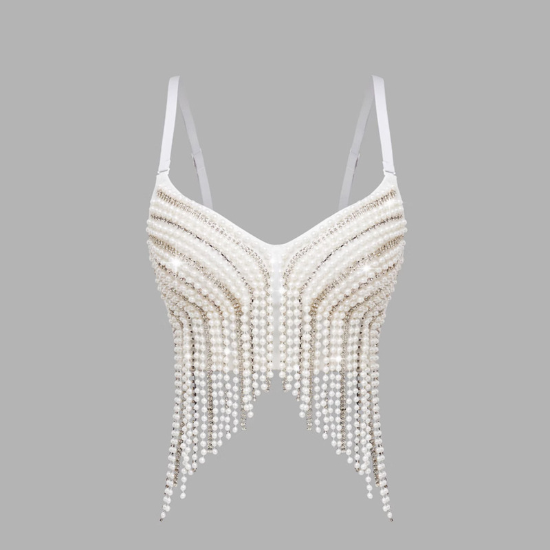 Manufacturer Luqiu Guoyu Fishbone Corset Db1728 Beaded Tassel Camisole Top for Women, Strapless Hot Girl Rhinestone-Embellished Tank Top