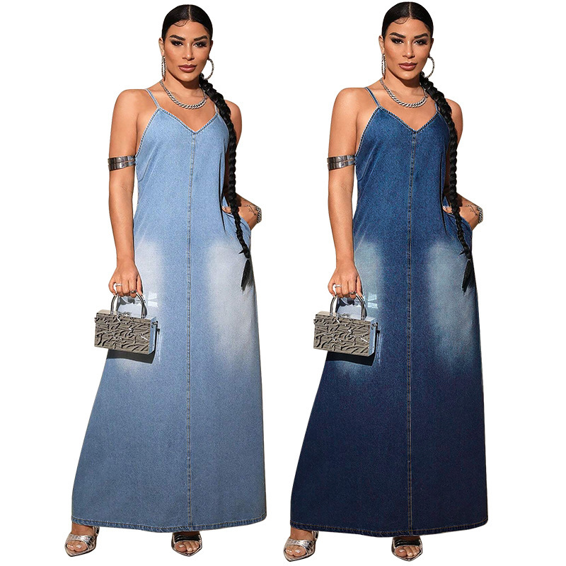 Cross-Border Amazon Aliexpress Gradient Color Denim Suspender Long Dress for Women, Loose Fit, Slimming V-Neck, Large Hem Dress