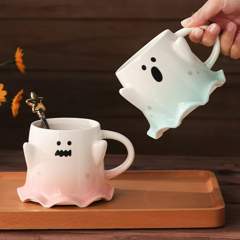Creativo fantasma taza de cerámica con cuchara de Halloween taza de color gradiente taza de café de leche cubiertos diarios