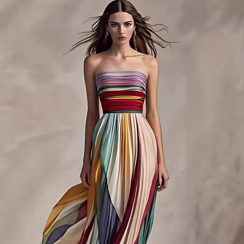 Cross-border 2025 independent station Amazon new European and American sexy halter-print colorful long dress elegant dress