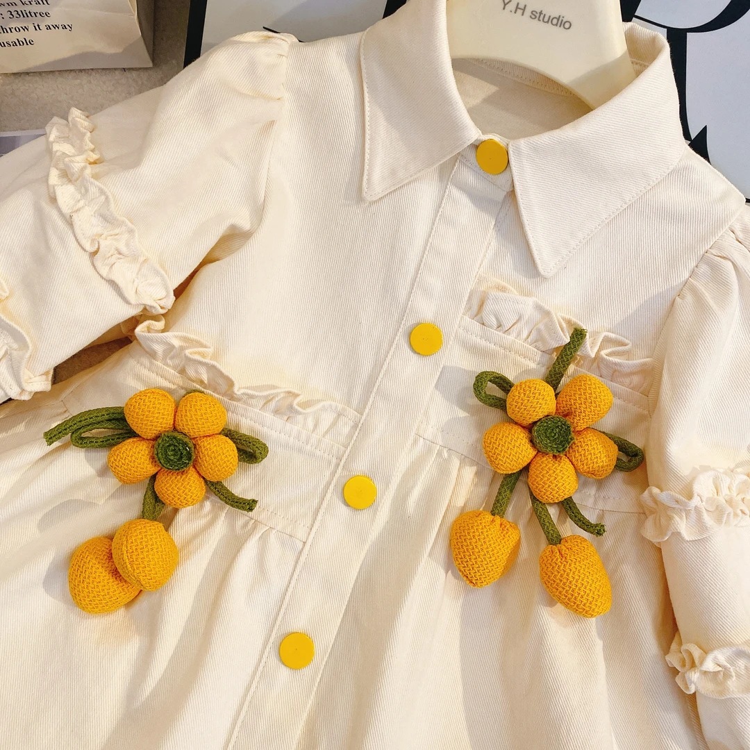 Vestido camisero de flores para niñas, ropa de primavera y otoño 2025, vestido de solapa de manga abullonada coreana para niños, vestido de princesa