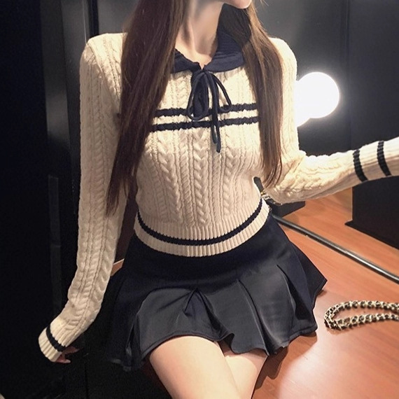 学院风Miu系气质麻花蝴蝶结针织衫女2025秋季新款慵懒休闲上衣|undefined