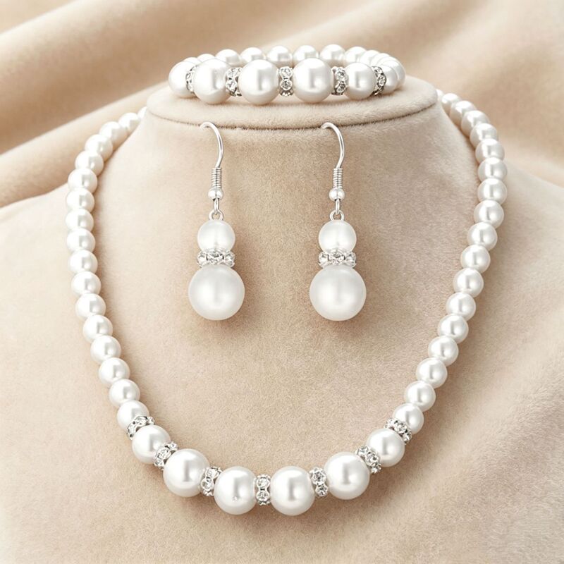 Cross-Border Hot-Selling Imitation Pearl Necklace, Bracelet, and Earring Set, Three-Piece Set, European and American Bridal Set, Versatile Jewelry