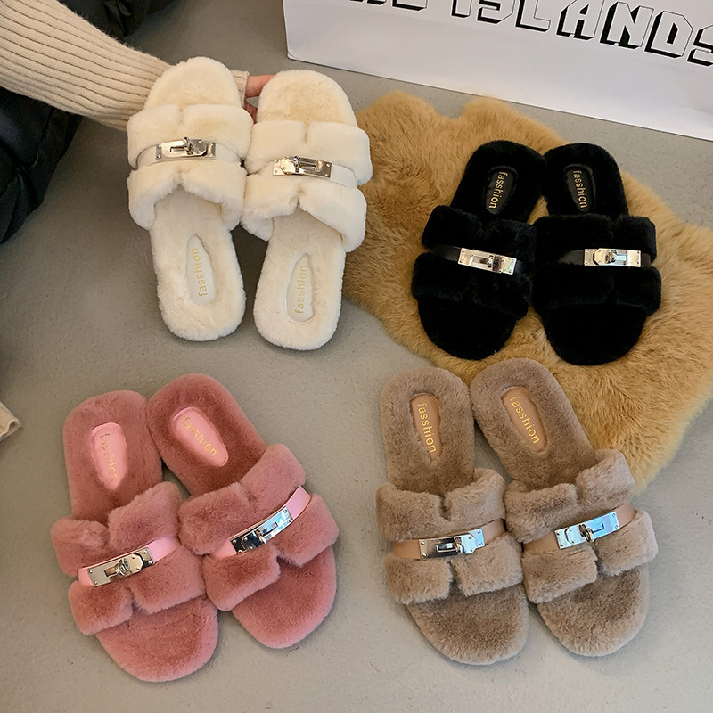 绝美高级感毛毛拖鞋女外穿2025秋冬新款法式仙女风毛绒平底棉拖鞋|undefined