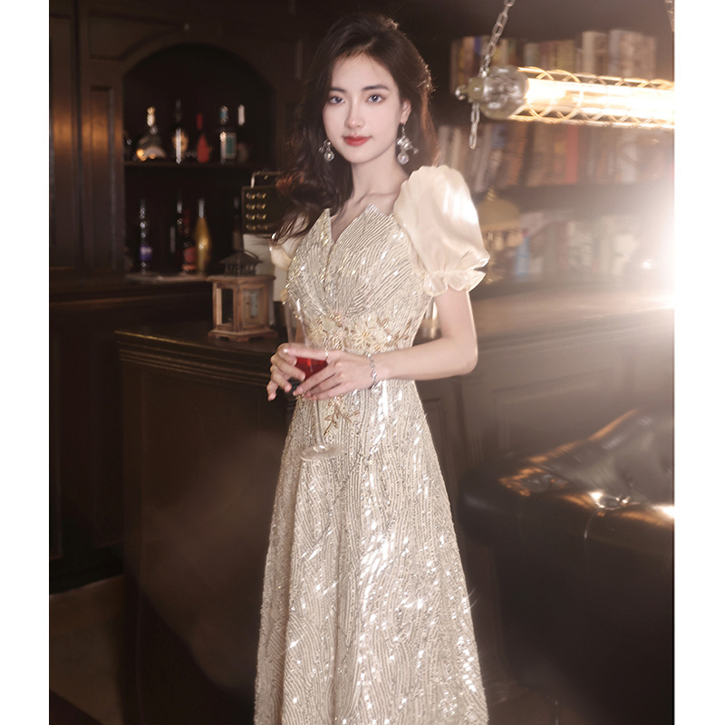 Vestido de noche de lentejuelas para mujer, vestido largo estilo francés para anfitriona, banquete, fiesta, ropa de noche, reunión anual de la empresa.