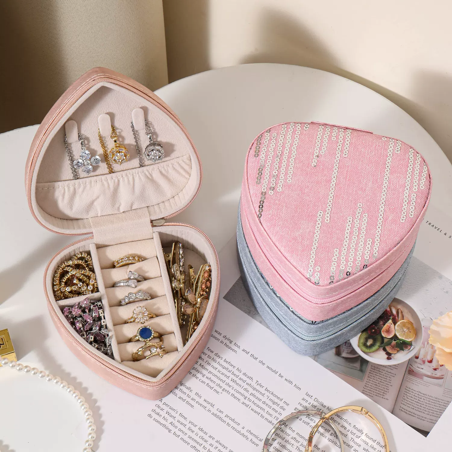 新品批发爱心简约收纳旅行便携珠宝饰品收纳盒耳钉环戒指小首饰盒