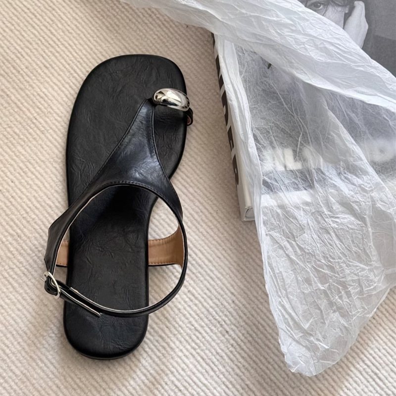 Sheepskin Retro One-Line Buckle Flat Toe Sandals for Women Summer Outer Wear Genuine Leather Thong Roman Shoes Flip-Flops Sheepskin Retro One-Line Buckle Flat Toe Sandals for Women Summer Outer Wear Genuine Leather Thong Roman Shoes Flip-Flops