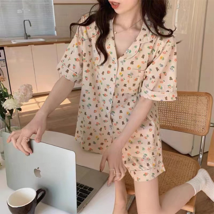 睡衣女夏季梭织泡泡棉皱布ins公主风可爱短袖夏天薄款家居服套装|undefined