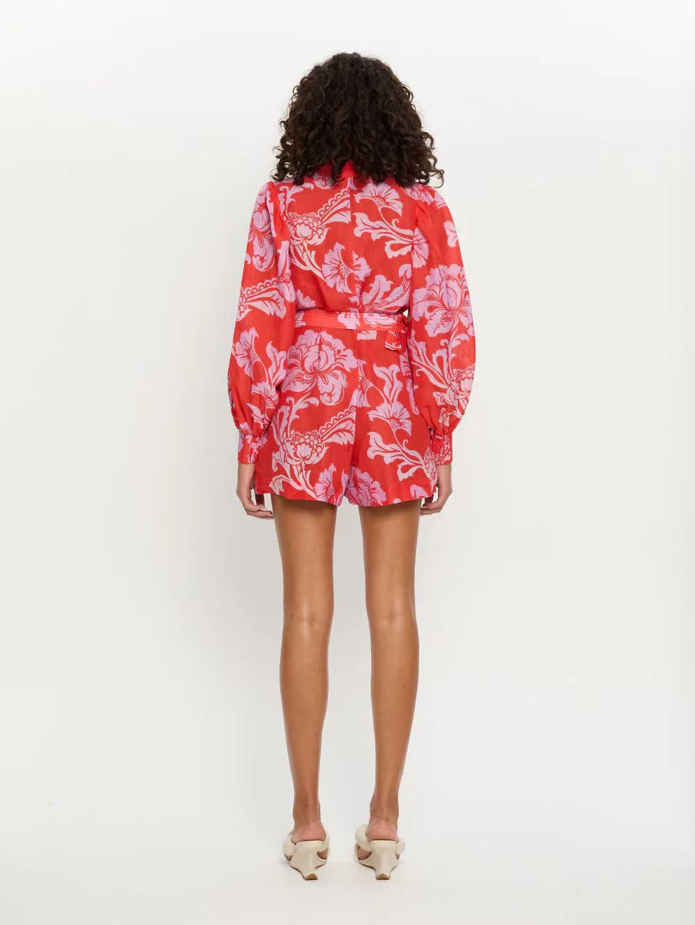 Red Boho Print Long Sleeve Romper